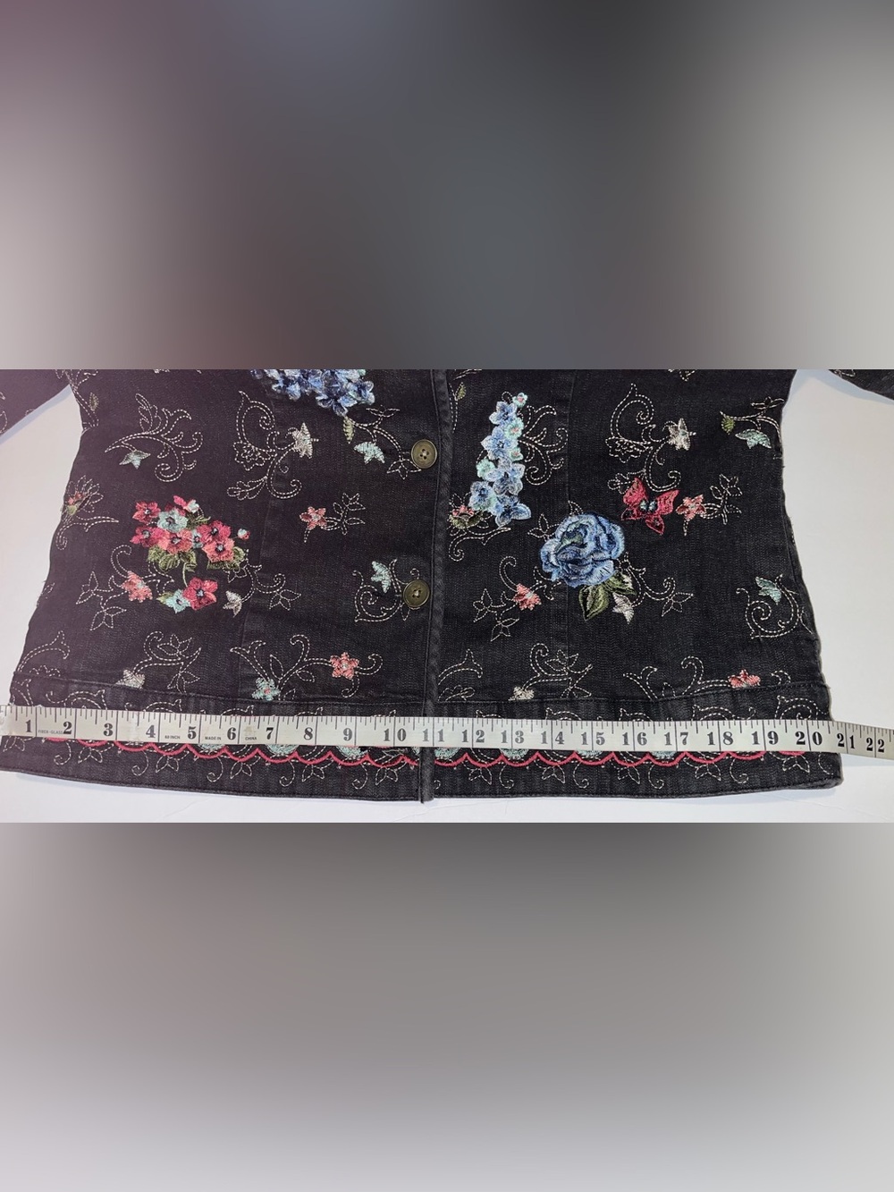 Denim & Co Beautiful Floral Embroidered Black Jean Jacket - Picture 11 of 16
